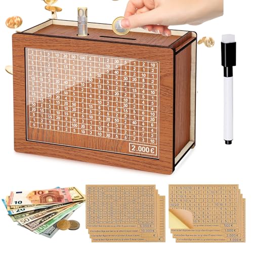 Jadesiegel Spardose aus Holz,Spardose mit Sparziel,Retro Sparbüchse Aufbewahrungsbox,Goalsaver Box mit Zahlen Ankreuzen,Ankreuzen Sparbox Geldsparbox Cash Box €500-€10000 Ziel Geeignet von Jadesiegel