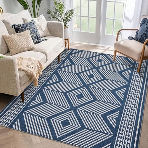 Jadosiler Waschbarer Teppich, moderner geometrischer Bodenteppich mit Rutschfester Unterseite, schmutzabweisend, niedriger Flor, moderner Akzent für Wohnzimmer, Schlafzimmer, Blau von Jadosiler