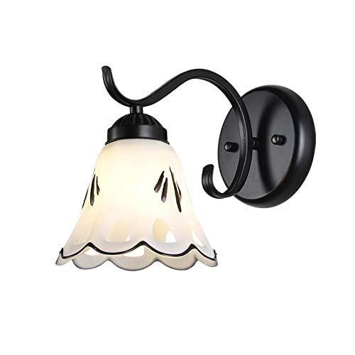 Jadssox antike Schwarze Wandleuchte Schwarze metallwandleuchte, glaswandlampenschirm in blumenform, rustikale bäuerliche wandhalterung leuchten e27 kopfteil lampen für Schlafzimmer von Jadssox