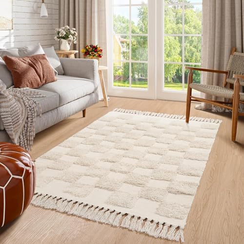 JaeMoose Baumwolle Teppich Getuftet Baumwoll Waschbar Retro Flur Teppich mit Quasten Marokkanisch Boho Teppiche für Wohnzimmer Schlafzimmer Eingangstür (Beige Checkerboard, 120 x 180 cm) von JaeMoose