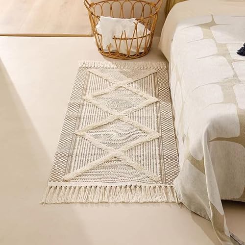 JaeMoose Baumwolle Teppich Getuftet Baumwollteppich Waschbar Retro Flur Teppich mit Quasten Marokkanisch Boho Teppiche für Wohnzimmer Schlafzimmer Eingangstür (Hellbraun, 60 x 180 cm) von JaeMoose