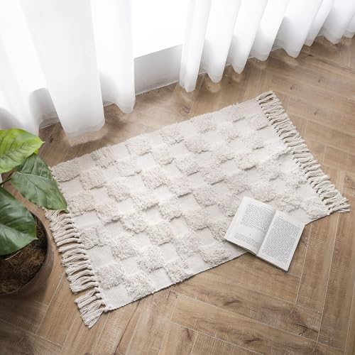 JaeMoose Baumwolle Teppich Getuftet Baumwollteppich Waschbar Retro Teppich Flur mit Quasten Marokkanisch Boho Teppiche für Wohnzimmer Schlafzimmer Eingangstür (Beige Checkerboard, 60 x 90 cm) von JaeMoose