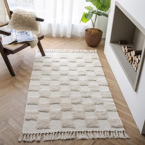JaeMoose Baumwolle Teppich Getuftet Baumwollteppich Waschbar Retro Flur Teppich mit Quasten Marokkanisch Boho Teppiche für Wohnzimmer Schlafzimmer Eingangstür (Beige Checkerboard, 60 x 130 cm) von JaeMoose