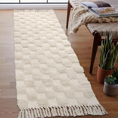 JaeMoose Baumwolle Teppich Getuftet Baumwollteppich Waschbar Retro Flur Teppich mit Quasten Marokkanisch Boho Teppiche für Wohnzimmer Schlafzimmer Eingangstür (Beige Checkerboard, 60 x 180 cm) von JaeMoose