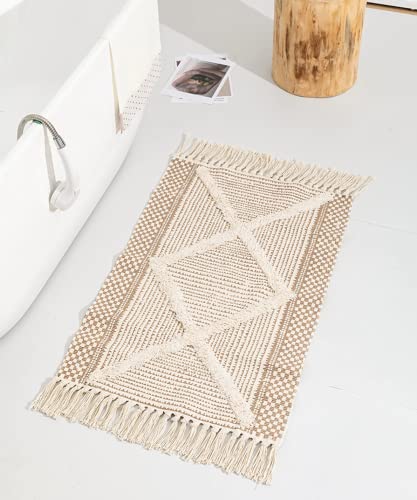 JaeMoose Baumwolle Teppich Getuftet Baumwollteppich Waschbar Retro Flur Teppich mit Quasten Marokkanisch Boho Teppiche für Wohnzimmer Schlafzimmer Eingangstür (Hellbraun, 60 x 90 cm) von JaeMoose