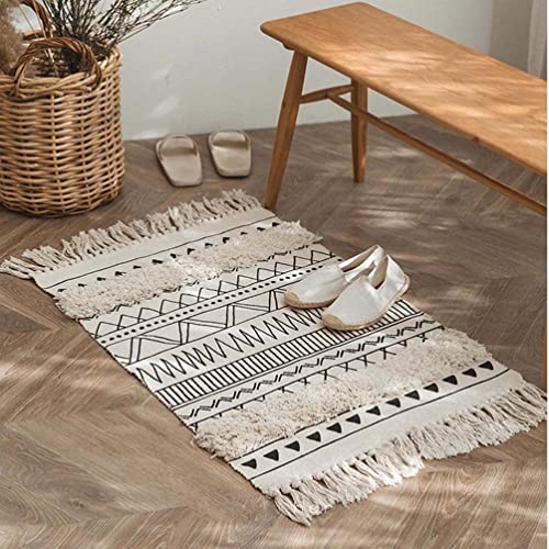 JaeMoose Baumwolle Teppich Getuftet Baumwollteppich Waschbar Retro Flur Teppich mit Quasten Marokkanisch Boho Teppiche für Wohnzimmer Schlafzimmer Eingangstür (Weiß, 60 x 130 cm) von JaeMoose