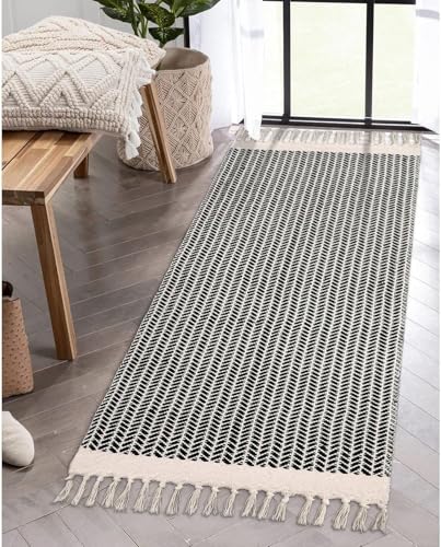 JaeMoose Boho Teppich, Baumwolle Gewebte Teppiche, mit Quasten, waschbarer schwarz-weißer Bauernhaus-Überwurfteppich, kurzfloriger Teppich (Schwarz, 60 x 130 cm) von JaeMoose