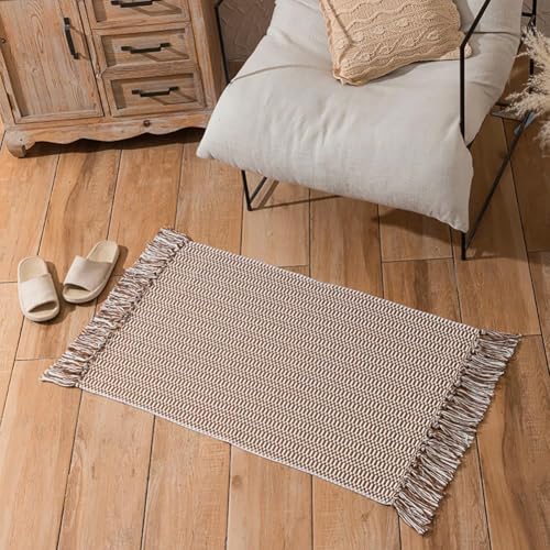 JaeMoose Boho Teppich Küchenläufer, Boho Badezimmer Teppich waschbar, Baumwoll-Überwurfteppich, gewebt, geometrisch (Kaffeefarbe, 60 x 90 cm) von JaeMoose