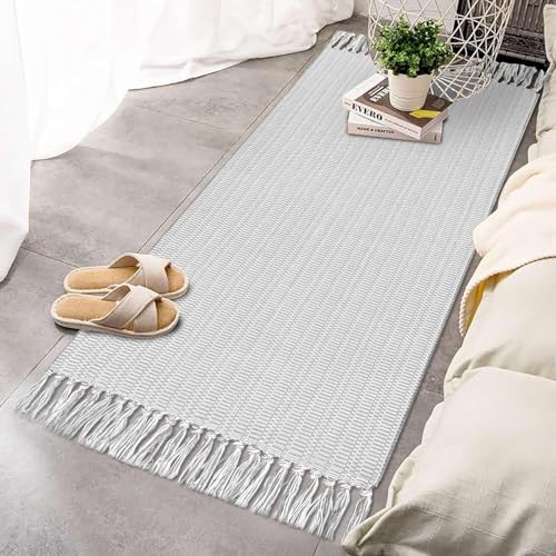 JaeMoose Boho Teppich Küchenläufer, Boho Badezimmer Teppich waschbar, Baumwoll-Überwurfteppich, gewebt, geometrisch (hellgrau, 60 x 130 cm) von JaeMoose