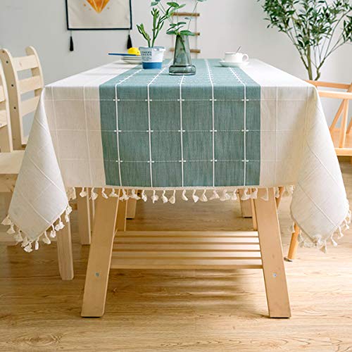 JaeMoose Feste rechteckige Tischdecke aus Baumwolle und Leinen mit Karomuster und Quasten,für Küche,Esszimmer,Tischdekoration (140 x 180 cm, Grün/Weiß). von JaeMoose