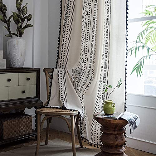 JaeMoose Geometrische halbe Verdunkelungsvorhänge 1 Panel Boho Leinen Raumverdunkelungsvorhänge Quastenmuster Stangentaschenvorhänge für Küche Wohnzimmer Schlafzimmer (Geometrisch, B150×H200cm) von JaeMoose