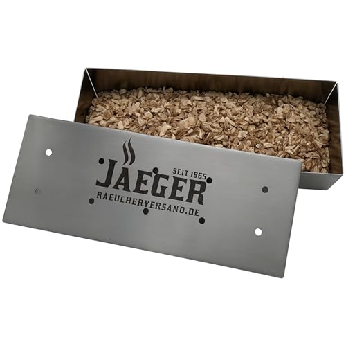 Jaeger Räuchereiprodukte | Edelstahl Räucherbox Set inkl. Buchenholz-Räucherchips – BBQ Smoker Box für Gas- & Holzkohlegrill – Intensives Raucharoma für Fleisch, Fisch & Gemüse – langlebig & robust von Jaeger Räuchereiprodukte