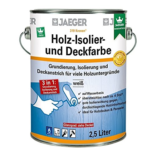 Jaeger Kronen Holz Isolier- und Deckfarbe WEISS (matt oder seidenglänzend) (5,0 Liter, seidenglänzend) von Jaeger