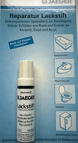 Jaeger Reparaturlack Lackstift Sanitärlack Speziallack für Keramik Email Acryl Fliesen in Küche und Bad, 12 ml ALPINWEISS von Jaeger