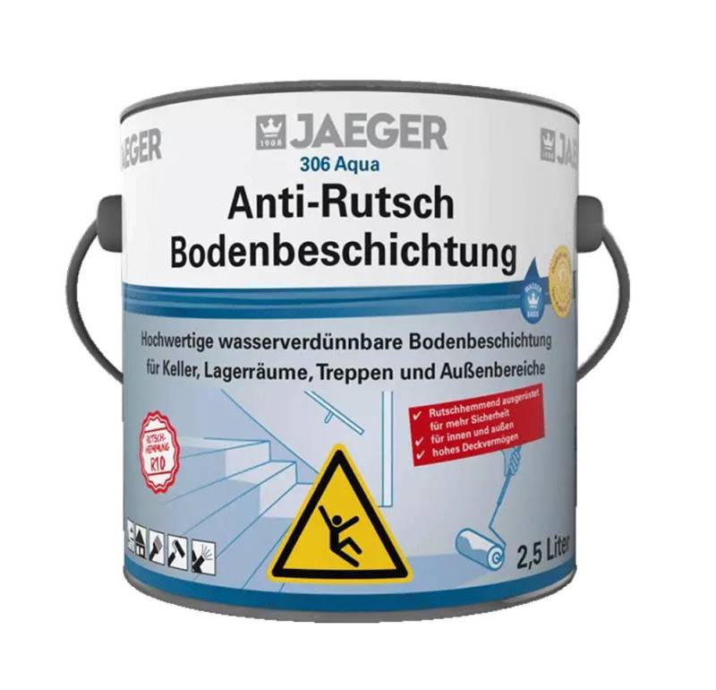 Jaegerlacke Bodenversiegelung Aqua Anti-Rutsch Bodenbeschichtung 306 seidenmatt (2,5 Liter), geprüfte Rutschhemmung R10, für innen und außen, rasche Trocknung von Jaegerlacke