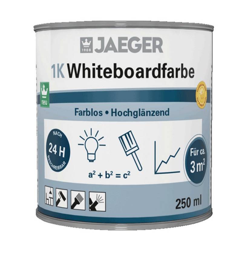 Jaegerlacke Lack 1K-Whiteboardfarbe 396 farblos glänzend 250 ml, schafft beschreibbare Flächen (bis 3 qm) mit nur einem Anstrich von Jaegerlacke