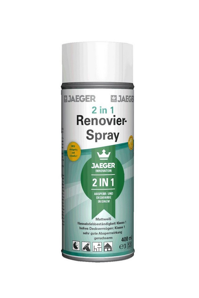 Jaegerlacke Wandfarbe 424 Kronen Renovierspray 2in1 weiss 400 ml, schnelle Trocknung, für innen und außen, weißes Absperrspray von Jaegerlacke
