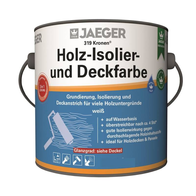 Jaegerlacke Wand- und Deckenfarbe 319 Kronen Holz-Isolierfarbe Deckfarbe 3in1 weiss, geruchsarm, ideal für Holzdecken und Paneele von Jaegerlacke