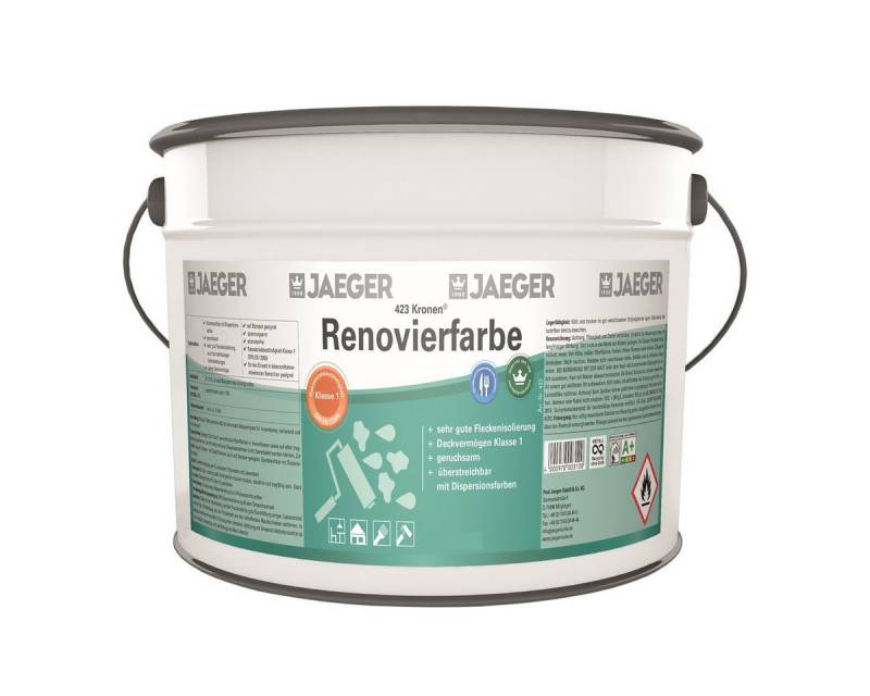 Jaegerlacke Wand- und Deckenfarbe Kronen Renovierfarbe 423 Absperrfarbe weiß 2,5 Liter, isolierend und hochdeckend von schwierigen Verschmutzungen von Jaegerlacke
