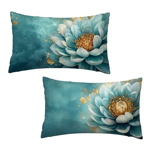 Kissenbezug 30x50 cm Blau Kissenbezüge Blumen 2er Set, Samt Kopfkissenbezug Sofakissen Dekorative Rechteck Kissenhüllen mit Unsichtbarem Reißverschluss Design Deko Wohnzimmer Geschenke für Frauen U-4 von Jaeixouu