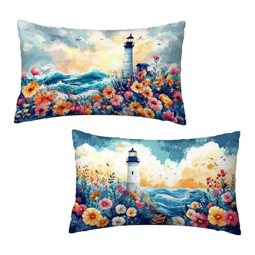 Kissenbezug 30x50 cm Blumen Kissenbezüge Leuchtturm 2er Set, Samt Kopfkissenbezug Sofakissen Dekorative Rechteck Kissenhüllen mit Unsichtbarem Reißverschluss Deko Wohnzimmer Geschenke für Frauen U-8 von Jaeixouu