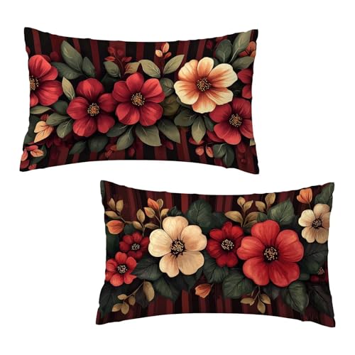 Kissenbezug 40 x 80 cm Blumen Kissenbezüge Gestreift 2er Set, Samt Kopfkissenbezug Sofakissen Dekorative Rechteck Kissenhüllen mit Unsichtbarem Reißverschluss Design Deko Geschenke für Frauen L-5 von Jaeixouu