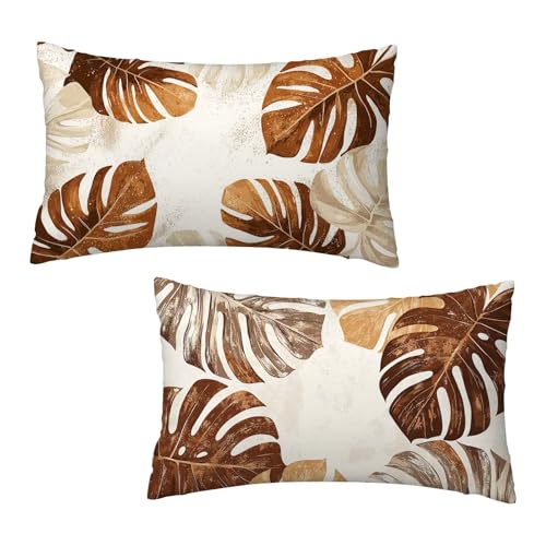 Kissenbezug 40x60 cm Braun Kissenbezüge Blatt 2er Set, Samt Kopfkissenbezug Sofakissen Dekorative Rechteck Kissenhüllen mit Unsichtbarem Reißverschluss Design Deko Wohnzimmer Geschenke für Frauen D-7 von Jaeixouu
