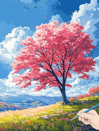Malen Nach Zahlen Erwachsene Landschaft Malen Nach Zahlen Baum DIY Set Ewachsene Paint by Numbers Adult mit Pinseln und Acrylfarbe Handgemalt Ölgemälde Kit für Geschenke für Frauen Deko 60x80cm H-52 von Jaeixouu