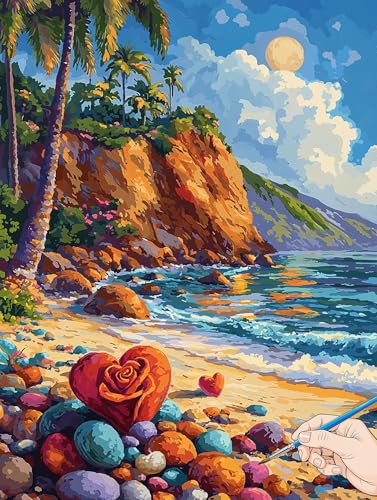 Malen Nach Zahlen Erwachsene Strand Malen Nach Zahlen Landschaft DIY Set Ewachsene Paint by Numbers Adult mit Pinseln und Acrylfarbe Handgemalt Ölgemälde Kit für Geschenke für Frauen Deko 50x70cm H-46 von Jaeixouu