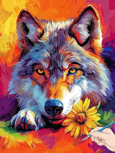 Malen Nach Zahlen Erwachsene Wolf Malen Nach Zahlen Blumen DIY Set Ewachsene Paint by Numbers Adult mit Pinseln und Acrylfarbe Handgemalt Ölgemälde Kit Geschenke für Frauen Halloween Deko 50x70cm J-38 von Jaeixouu