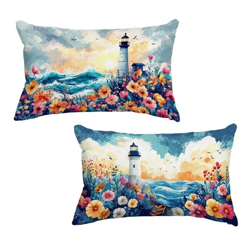 Outdoor Kissen Kissenbezug 30x50 cm Blumen Kissenbezug Leuchtturm 2er Set, Outdoor Kissen Wetterfest Rechteck Leinen Kissenhüllen Dekokissen mit Unsichtbarem Reißverschluss für Terrassen Deko U-8 von Jaeixouu
