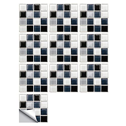 Fliesensticker Schwarz-Weiß-Mosaik Selbstklebende Abnehmbare ​Quadratische Aufkleber Mosaikfliesen Wandaufkleber für Küche und Bad Fliesen Deko 10cmX10cmX10pcs von Jaeknxcg