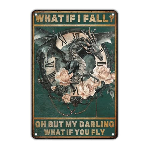 Vintage Metallschild What If I Fall Dragon Lustiges Blechschild Retro Werbung Poster Malerei Aluminium Schild Wandkunst Dekor Retro Vintage Home Bar Kaffee Garage Bauernhaus Dekor Schild 20,3 x 30,5 von Jaesxxco