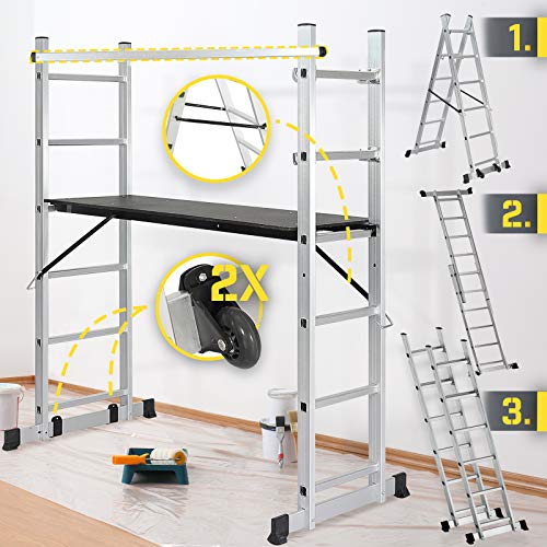 Timbertech® Baugerüst - 4 in1 Arbeitshöhe max 280cm, bis 150kg Belastbar, Anti-Rutsch, Rollen - Alu Multifunktionsleiter, Leitergerüst, Arbeitsgerüst, Arbeitsbühne, Mehrzweckleiter, Arbeitsplattform von Jago