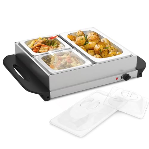 Jago® Buffetwärmer - elektrisch, mit Heizplattenfunktion, 1x2.5L und 2x1L, Temperaturregler, Edelstahl - Warmhaltegerät, Speisewärmer, Warmhalteplatte, Warmhaltebehälter von Jago