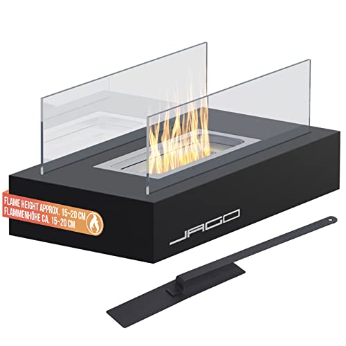 Jago® Tischkamin - Edelstahl, Bio-Ethanol, für den Innen- und Außenbereich, inkl. Steine, Schwarz - Feuerstelle, Glaskamin, Glasfeuer, Tischfeuer, Tisch-Dekofeuer (Modell 3 (35 x18 x 15 cm)) von Jago