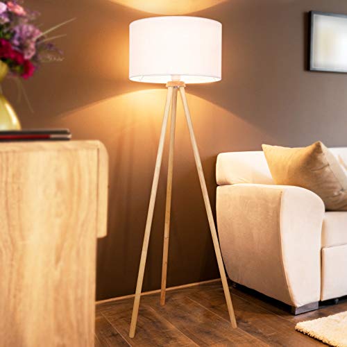 Jago® Tripod Stehlampe - LED, 145 cm, Ø45cm, E27, Max 60W, Stativ aus Holz, Stoffschirm, Skandinavischen Stil - Dreibein Stehleuchte, Wohnzimmerlampe, Standleuchte, Schlafzimmer, Büro von Jago