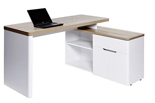 Jahnke CU-LIBRE 150 E – Eckschreibtisch mit 1 Schublade und 2 Türen, 140 x 117 x 77 cm, Riviera Eiche/Mattweiß von Jahnke
