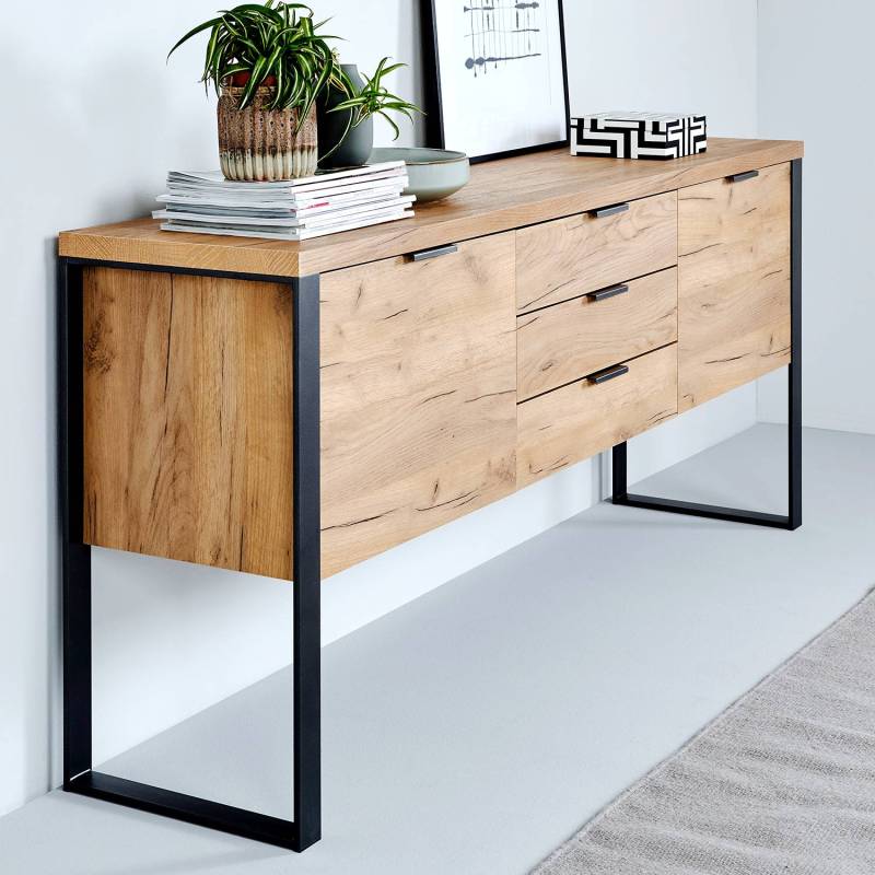 Jahnke Sideboard Loop Eiche Dekor/Antrazit Spanplatte/Stahl 180x76x40 cm (BxHxT) 2-türig 3 Schubladen von Jahnke