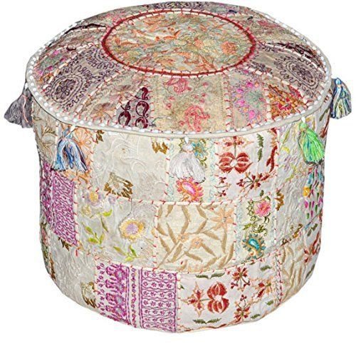 JaipurHandloom weißer indischer Pouf Hocker Vintage Patchwork verziert mit Patchwork Wohnzimmer Ottomane Bezug, 46 x 33 cm von Jaipur Handloom