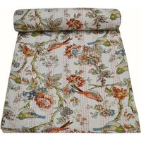 Floral Vogel Druck Kantha Quilt Queen-Size Reversible Baumwollbettwäsche von JaipurBlockKantha