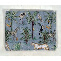 Kantha Twin Quilt Handblock Animal Print Baumwolle Tagesdecke von JaipurBlockKantha