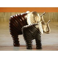 Holz & Metall Elefant Statue, Figur, Showpiece, Handgemalt, Traditionelle Stil Wohndekoration, 2Er Set, Figur von JaipurTreasures