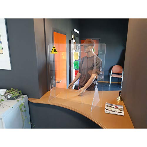 Jalema Transparenter Gegenschirm Acryl mit Durchreiche 750x800mm | Schutzschild | Spuckschutz | Niesschutz | Hustenschutz | Thekenaufsatz | Virenschutz | mit Gelb-Schwarzem Warnaufkleber von Djois