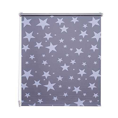 JalousieCrew Klemmfix Rollo Verdunkelung Farbe dunkel grau mit Sternen Druck - Breite 45 bis 120 cm, Länge 150 cm BZW. 210 cm - Klemm - Rollo ohne zu Bohren (80 x 150 cm) von JalousieCrew