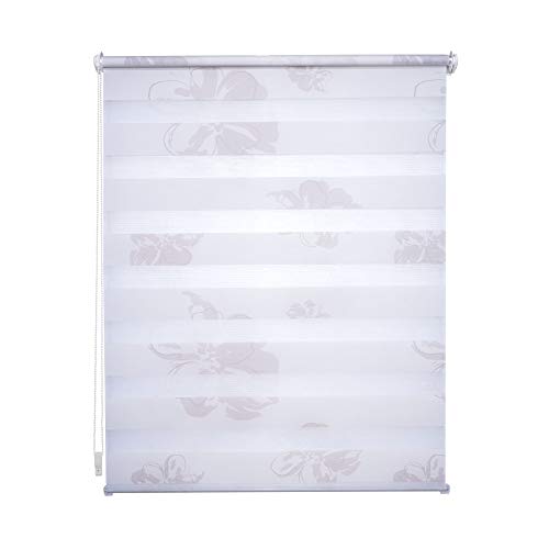 Klemmfix Doppelrollo weiß mit Druck Blume - Breite 40 bis 120 cm, Länge 150 cm BZW. 210 cm - Duo - Rollo ohne zu Bohren (90 x 210 cm) von JalousieCrew