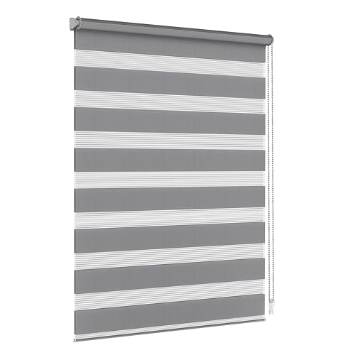 Jalousiescout Doppelrollo Klemmfix ohne Bohren & mit Bohren, Rollo Fensterrollo lichtdurchlässig & verdunkelnd，Sonnenschutzrollo Zebrarollo für Fenster & Türen, 100 x 130 cm (BxH) Dunkelgrau von Jalousiescout