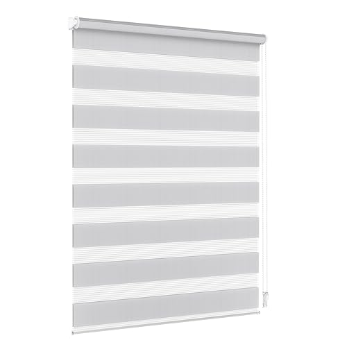 Jalousiescout Doppelrollo Klemmfix ohne Bohren & mit Bohren, Rollo Fensterrollo lichtdurchlässig & verdunkelnd，Sonnenschutzrollo Zebrarollo für Fenster & Türen, 100 x 210 cm (BxH) Hellgrau von Jalousiescout