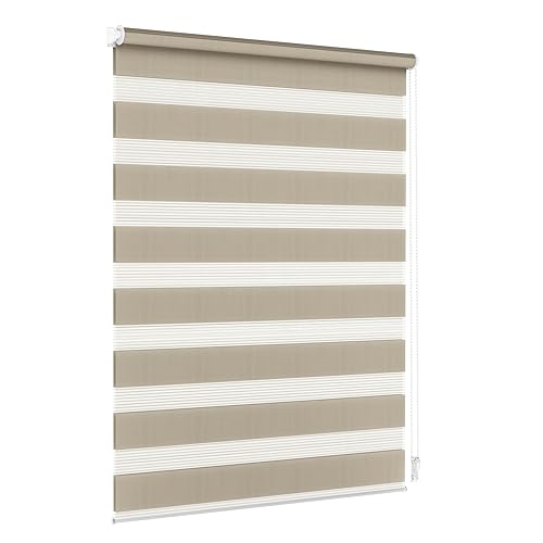 Jalousiescout Doppelrollo Klemmfix ohne Bohren & mit Bohren, Rollo Fensterrollo lichtdurchlässig & verdunkelnd，Sonnenschutzrollo Zebrarollo für Fenster & Türen, 125 x 120 cm (BxH) Hellbraun von Jalousiescout