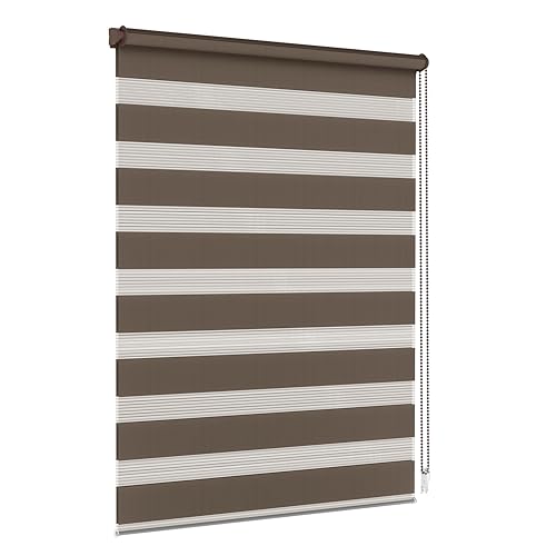 Jalousiescout Doppelrollo Klemmfix ohne Bohren & mit Bohren, Rollo Fensterrollo lichtdurchlässig & verdunkelnd，Sonnenschutzrollo Zebrarollo für Fenster & Türen, 140 x 120 cm (BxH) Dunkelbraun von Jalousiescout